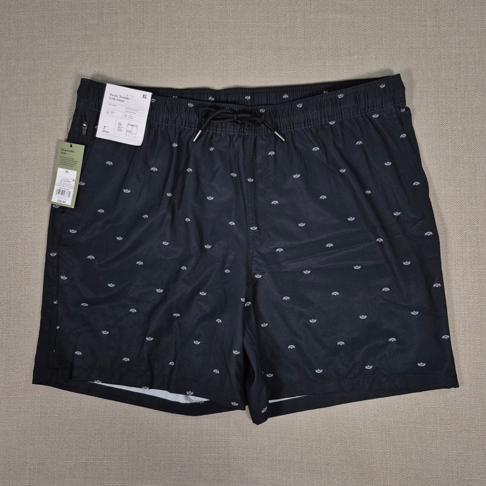 Goodfellow & Co Mens Navy Paper Boat Print Swim Trunks with Liner XL New
